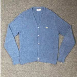 Vintage Izod Lacoste Cardigan Blue Mens XL Orlon Acrylic V-Neck Sweater Preppy